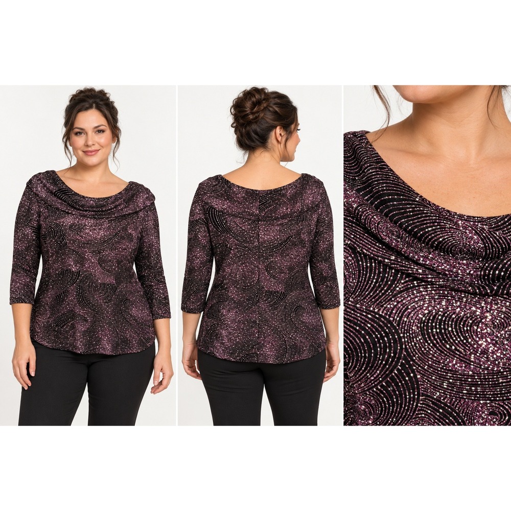 Metaphor Womens Purple Black Glitter Swirl Cowl Neck 3/4 Sleeve Blouse Large
